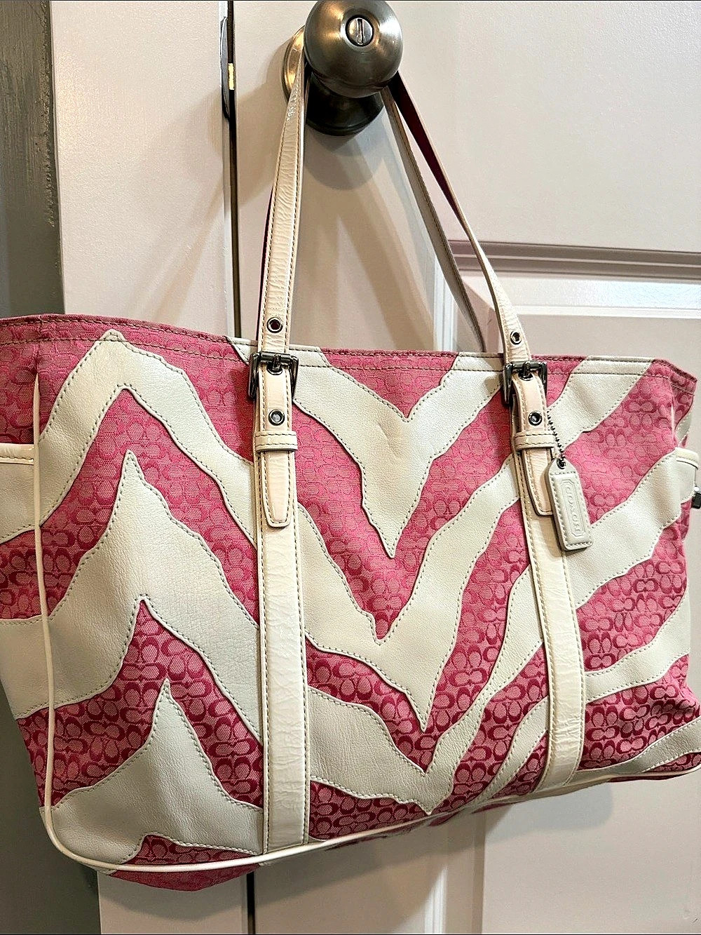 Vintage Coach Limited Edition Pink & White Zebra Patchwork Gallery Tote 1862 HTF